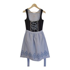 90er Vintage Dirndl Damen S36 Blau Blumenstickerei Trachtenkleid Empire-Überrock