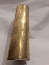 Messing Vase / FLAK-Kartusche  H=27 cm D=7,9 cm Gravur Verdun 1916 Grabenkunst