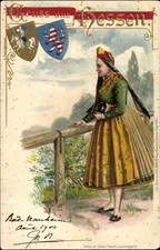 Wappen Litho Gruß aus Hessen, Frau in hessischer Tracht - 10413469