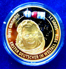 1 deutscher im Weltall 1978 S. JÄHN 40mm Medaille DDR PP mit 999 Gold veredelt