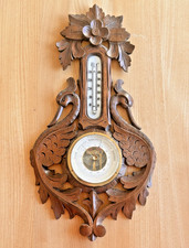 Jugendstil Wetterstation - Barometer + Thermometer - Aus Holz geschnitzt - Retro