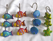 12 x Duschvorhang-Ringe, Ring, Haken mit Motiv - Fisch, Muschel, Seestern - NEU
