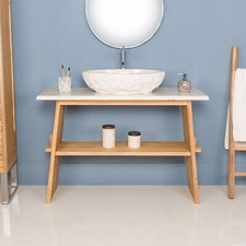 140 cm Teakholz Waschtisch Marmorplatte creme Waschbecken extra hoch wohnfreuden