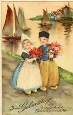 AK Glückwünsche Geburtstag holländische Kinder 1940 Windmühle Holzschuhe 