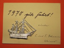 Neujahrsglückwunsch mit Dreimaster, hist. Zinnflachfigur, E. Ortmann Weimar