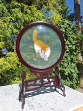 Chinesische Katze Seiden Stickerei 2 Seiten Deko