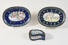 P45R45- 3x Asiatika Emaille Schale Dose handbemalt ua mit Personendarstellung