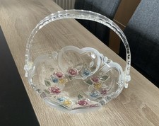 Glas Teller Schale Walther Glas, farbiges Blumendecor Blumen Rosen mit Henkel
