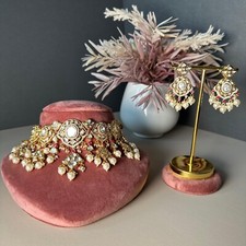 Indischer Schmuckset vergoldet Kundan Halskette Ohrringe