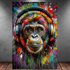 LEINWAND BILD ER XXL ABSTRAKT SCHIMPANSE AFFE KOPFHÖRER MUSIK WAND POSTER P630