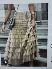 Damen Stufen Tüllrock lang, Gr. L One Size, Farbe helles Puder/Elfenbein