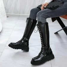 EUR41 Knee High Combat Boots Gothic Lack Kniehohe Stiefel zum Schnüren Flache