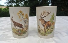 2 Vintage Steingut Weinbecher Hirsch Wald Jagdmotiv Becher Shabby