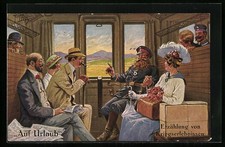 Künstler-AK A. Thiele: Soldat im Zugabteil erzählt vom Krieg 1916 