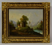 19 Jahrhundert. Altes Gemälde, „Ländliche Flusslandschaft“, Öl, 55 x 46 cm