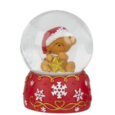 Süße Schneekugel Weihnachtsteddy goldener Stern auf Sockel rot weiße Schneeflock