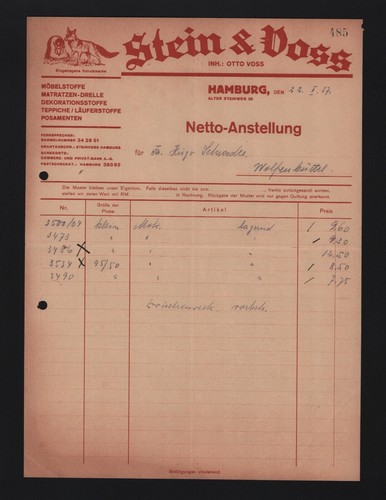 Hamburg rechnung 1937 stein - hamburg,, 1937,