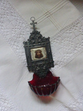 Sehr altes Weihwasserbecken,  Metall mit Glas u.Miniatur Porzellanmalerei.