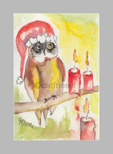 Original Aquarell , Eule, Wald, Winter, Vogel, Natur,  3. Advent, Weihnachten