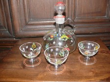 alte Glas  Karaffe 50 er Jahre mund geblasen handbemalt mit 3 passende Gläser
