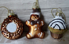 3 Glas Christbaumkugeln-braun-Cupcake, Donut, Lebkuchen-Glitter Baumschmuck-Deko