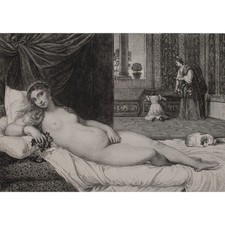 Tizian nach Venus Frauenakt Renaissance Uffizien Florenz Woernle Radierung 19 Jh
