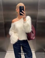 Luxus Off-Shoulder Flauschpullover |Weißer Kuschel-Sweater Elegant & Weich Damen