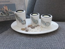 Deko, Teelicht, 3 Teelichthalter, Natursteinchen, Home Collection, Pfauenfeder