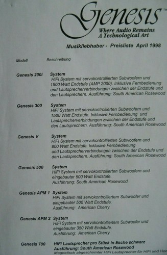 Genesis preisliste 1998 - preisliste, 1998,1