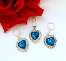 925 Silber Schmuck Set Herz Titanic Dunkel Blau Zirkon  Kette Anhänger Creolen