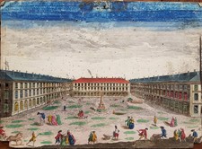 Guckkastenblatt mit einem Guckkasten-Vorführer darauf - Kupferstich - ca. 1780