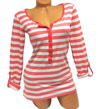 Damenshirt Langarm gestreift Longshirt Ringel Streifen Shirt Coral Weiß  34 36