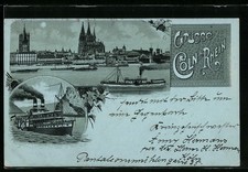 Lithographie Köln a. Rhein, Uferpartie mit Dom, Dampfer in Fahrt 