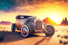 Wandbild: Oldtimerrennen in der Wüste vor dem Hintergrund von Hot Rods bei [...]