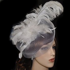Fascinator Federn WEISS Haarclip Schleier Hochzeit Haarschmuck Braut große Feder
