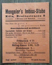 Werbeblatt Mengelers Imbiss-Stube Köln preiswerte Küche Angebote Reklame um 1940