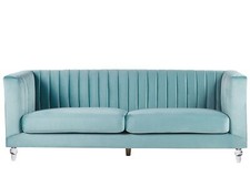 3-Sitzer Sofa Samtstoff hellblau gesteppt Acryl-Füße dicke Sitzkissen Arvika