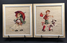 Vintage 70er Jahre Stickbilder 2er Set Handarbeit Junge und Mädchen Holzrahmen