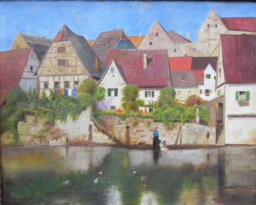 Gemälde stadt fluß - gemälde:,