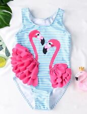 Süßes Himmelblau 3D Flamingo-gestreiftes Mädchen Badeanzugkleid, Gr. 110/116