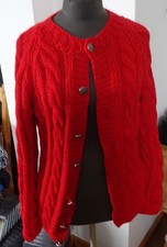 Strickjacke, handgestrickt mit Zopfmuster, rote Wolle, überlange Ärmel, Gr. 42