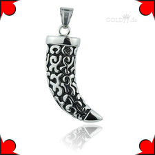 Edelstahl Anhänger Zahn / Horn verziert 3F beidseitig Massiv Hochwertig