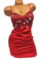 Partykleid Glitzer Pailletten Satin Abendkleid Etuikleid Cocktailkleid Rot 34 36