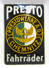Altes Emailschild - PRESTO FAHRRÄDER - Prestowerke A.G. "CHEMNITZ" - Restauriert