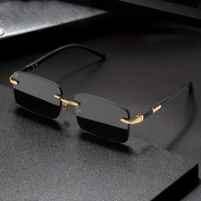 Randlose Sonnenbrille Dunkelglas Rechteckig Schwarz Gold Retro Stil Unisex