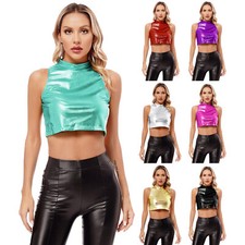 Damen Tank Ärmellos Crop Tops Funkelnd Shirts Glänzend Tee Hip Hop Pullover Eng