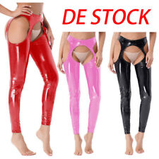 DE Damen Wetlook Leder Offene Schritt Hosen Cutout Hosen Taille Strumpfhosen