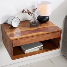 Hängender Nachttisch PURE 50cm braun Sheesham Massivholz Regal mit Schublade