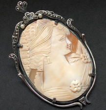 Art Deco Anhänger Brosche Sterling Silber 925 Gemme Markasiten Perle alt XXL