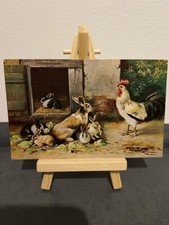 Vintage Postkarte Hahn, Hasen, Kaninchen, Stall, sign. Schönian, sehr alt
